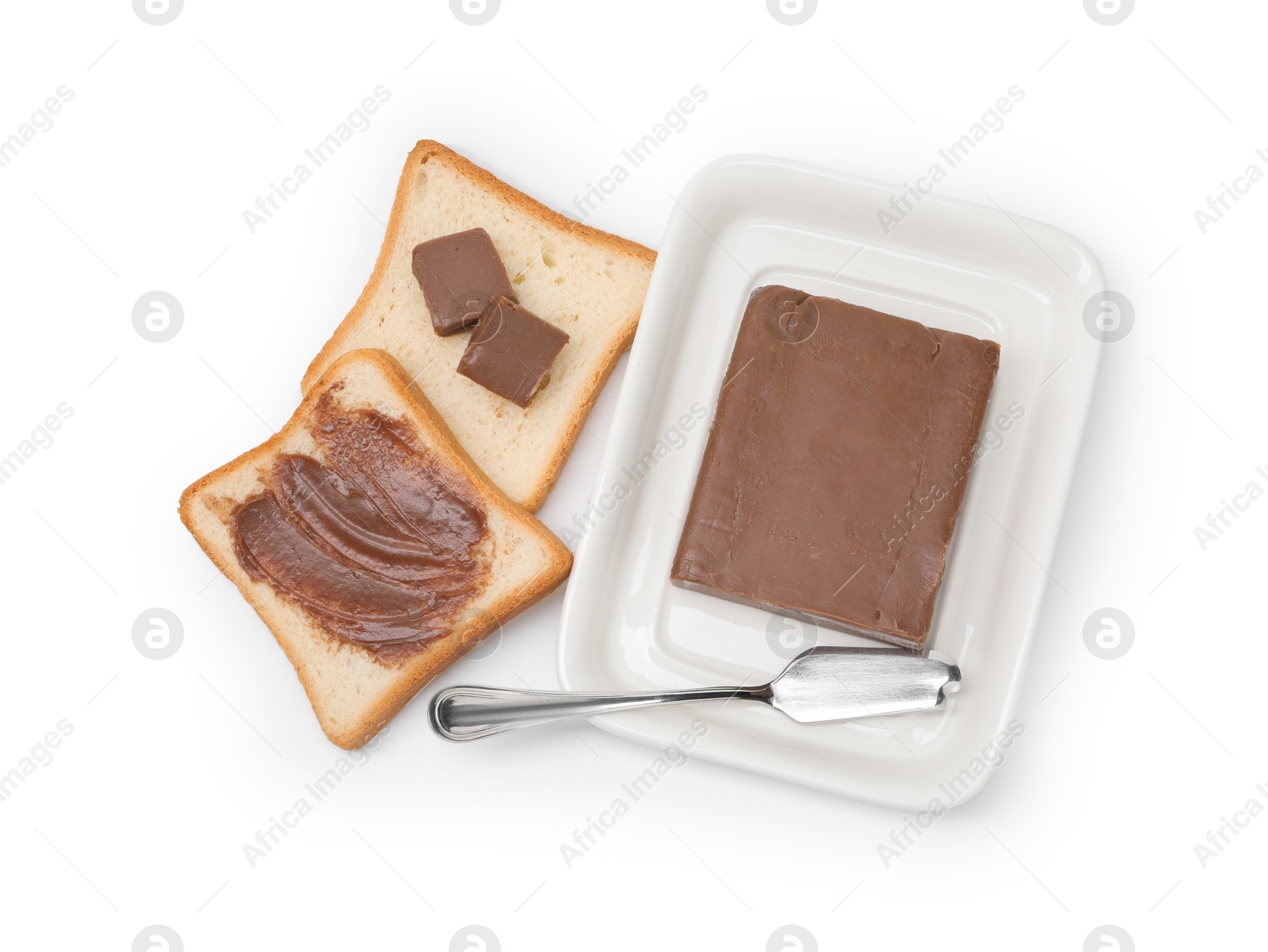 Photo of Tasty sandwiches with chocolate butter and knife isolated on white, top view