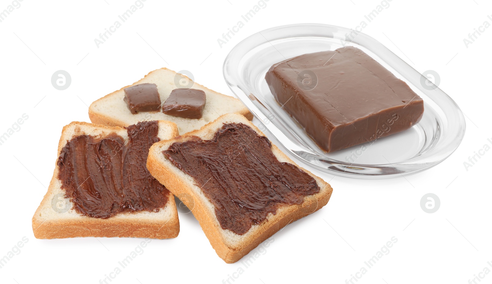 Photo of Tasty sandwiches with chocolate butter isolated on white