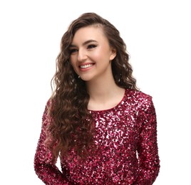 Photo of Beautiful young woman with long curly brown hair in pink sequin dress on white background