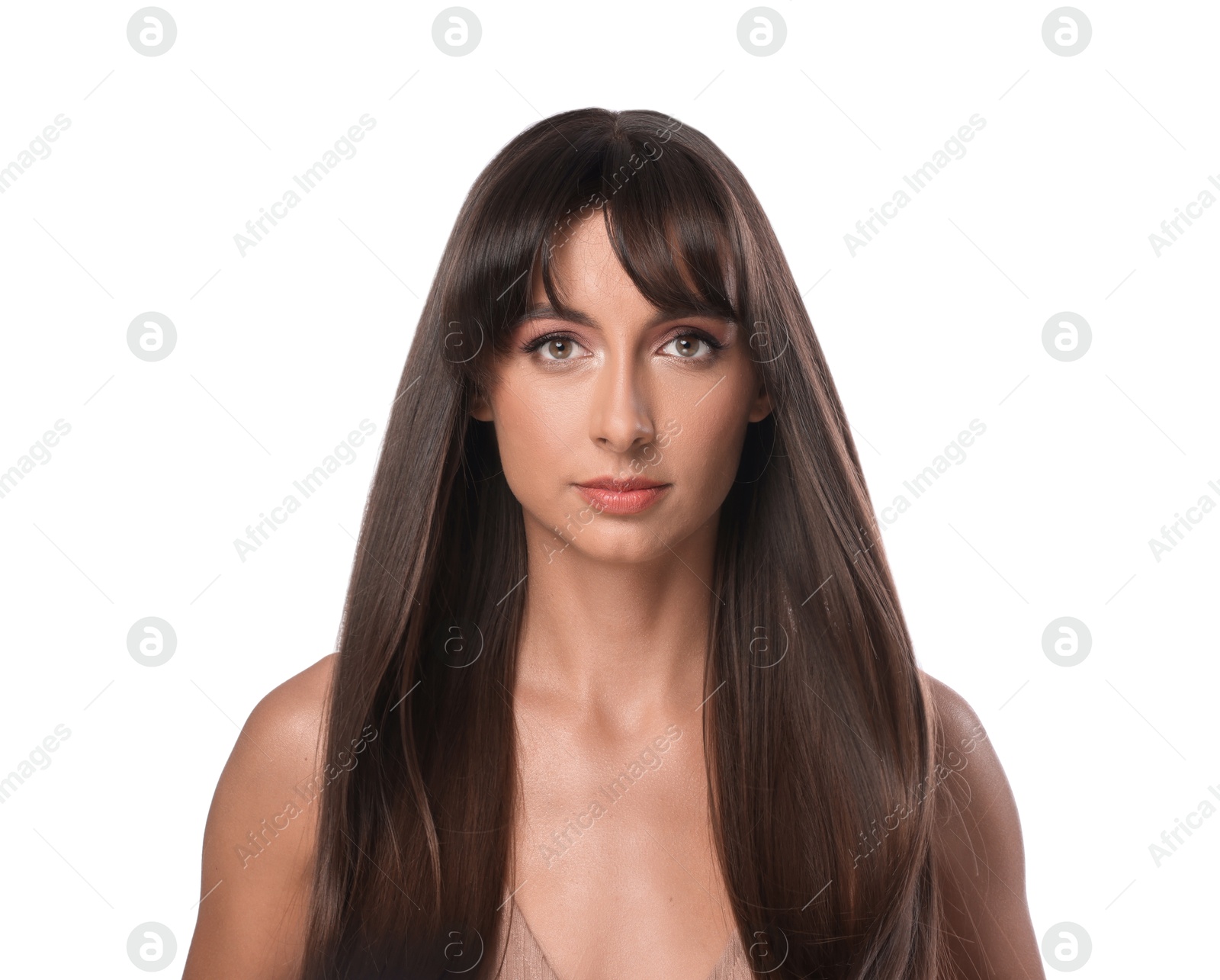 Photo of Hair styling. Portrait of beautiful woman with straight long hair on white background