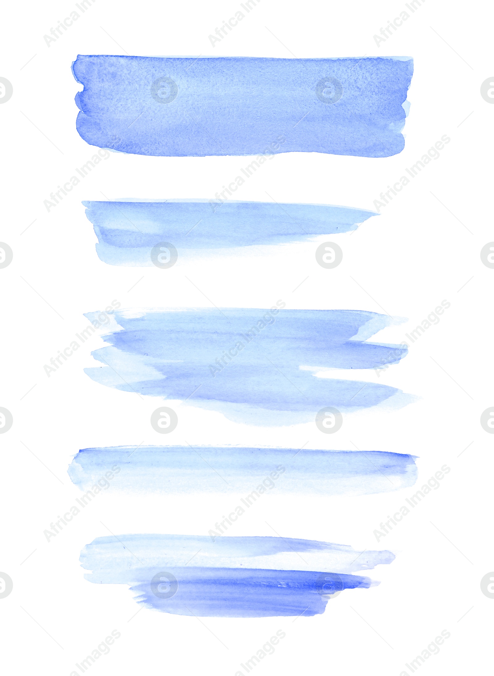 Photo of Light blue watercolor strokes on white background, top view