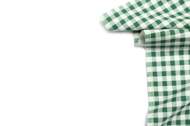 Photo of Green checkered tablecloth isolated on white, top view