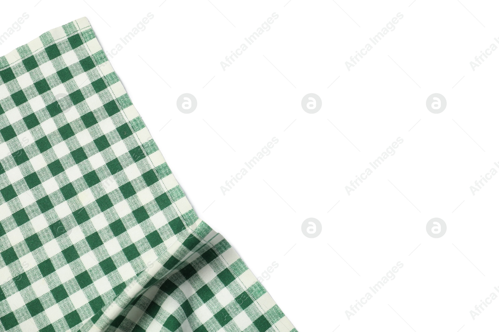 Photo of Green checkered tablecloth isolated on white, top view