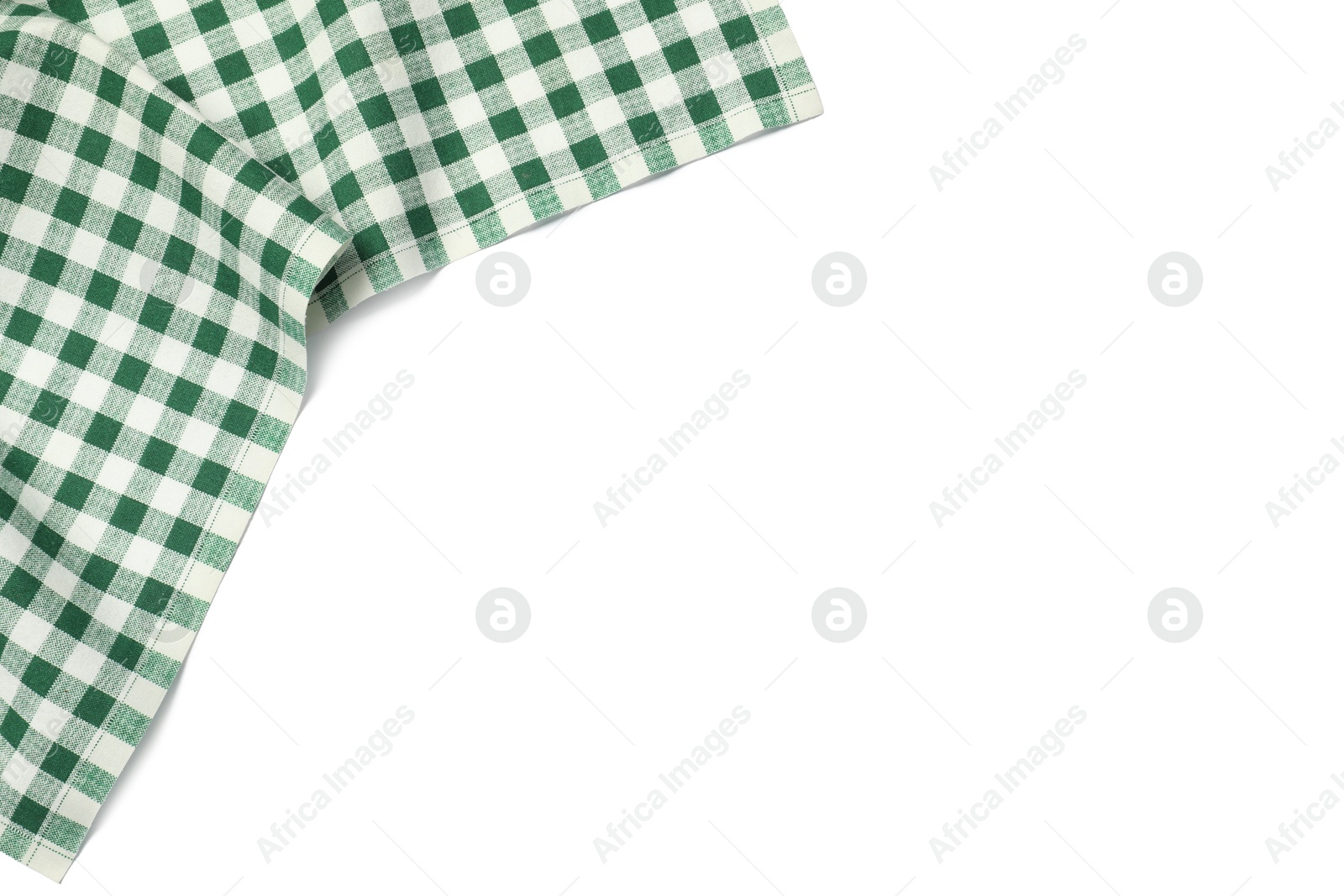 Photo of Green checkered tablecloth isolated on white, top view