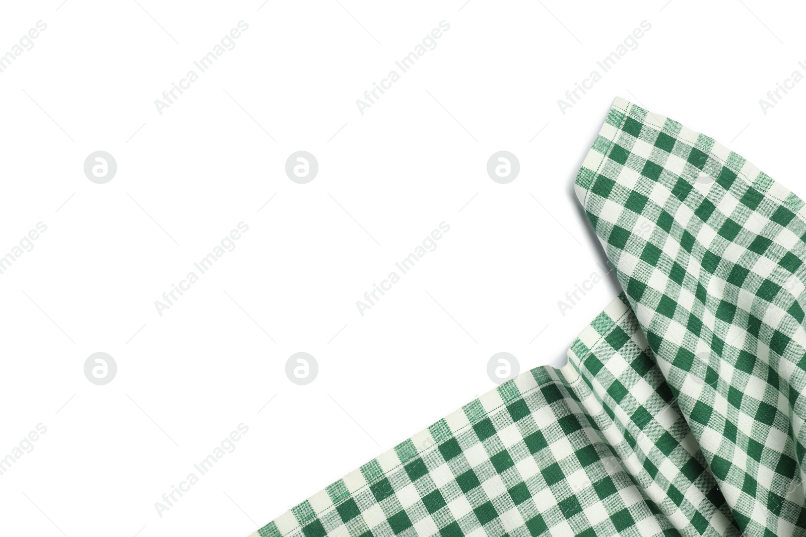 Photo of Green checkered tablecloth isolated on white, top view