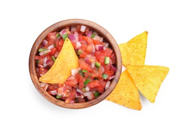 Photo of Delicious salsa in bowl and nacho chips isolated on white, top view