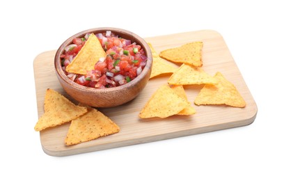 Photo of Delicious salsa in bowl and nacho chips isolated on white