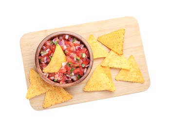 Photo of Delicious salsa in bowl and nacho chips isolated on white, top view