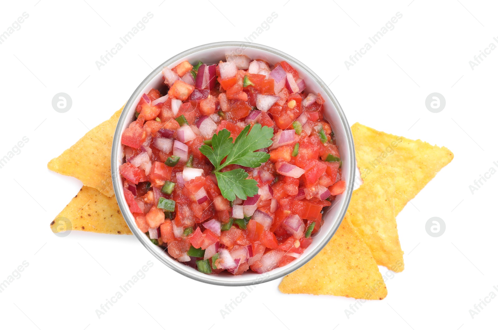 Photo of Delicious salsa in bowl and nacho chips isolated on white, top view