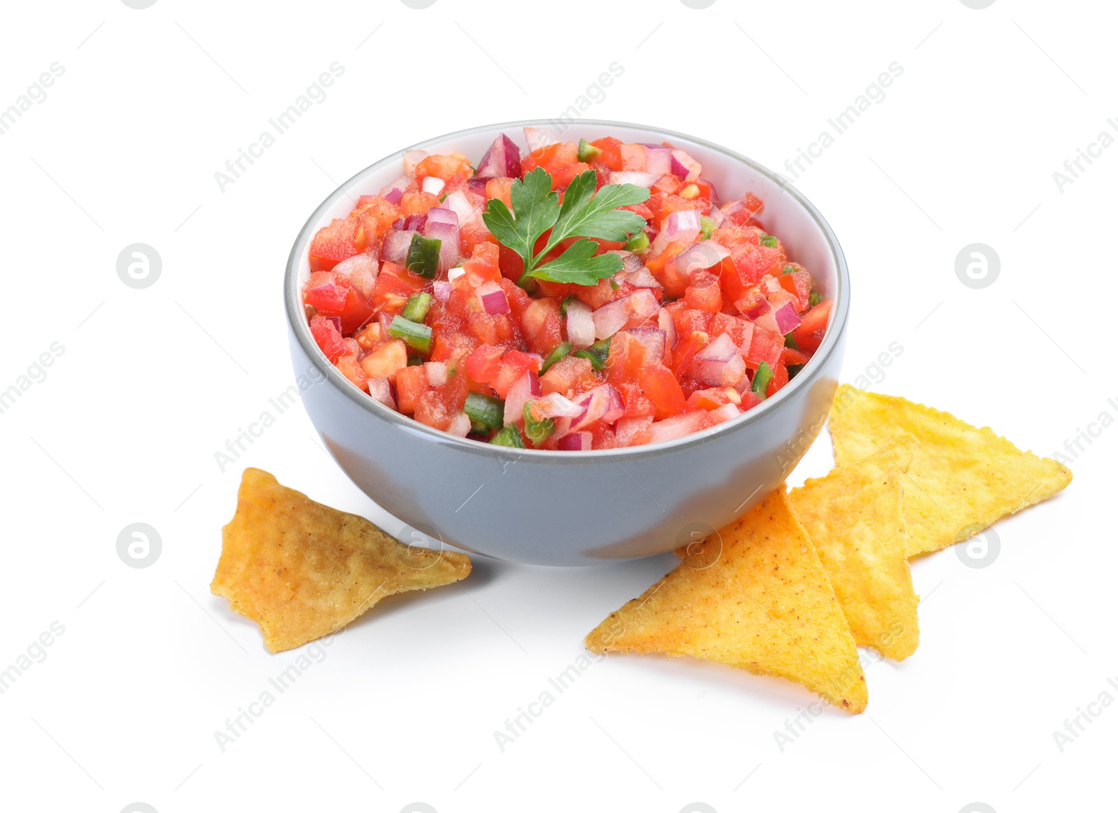 Photo of Delicious salsa in bowl and nacho chips isolated on white