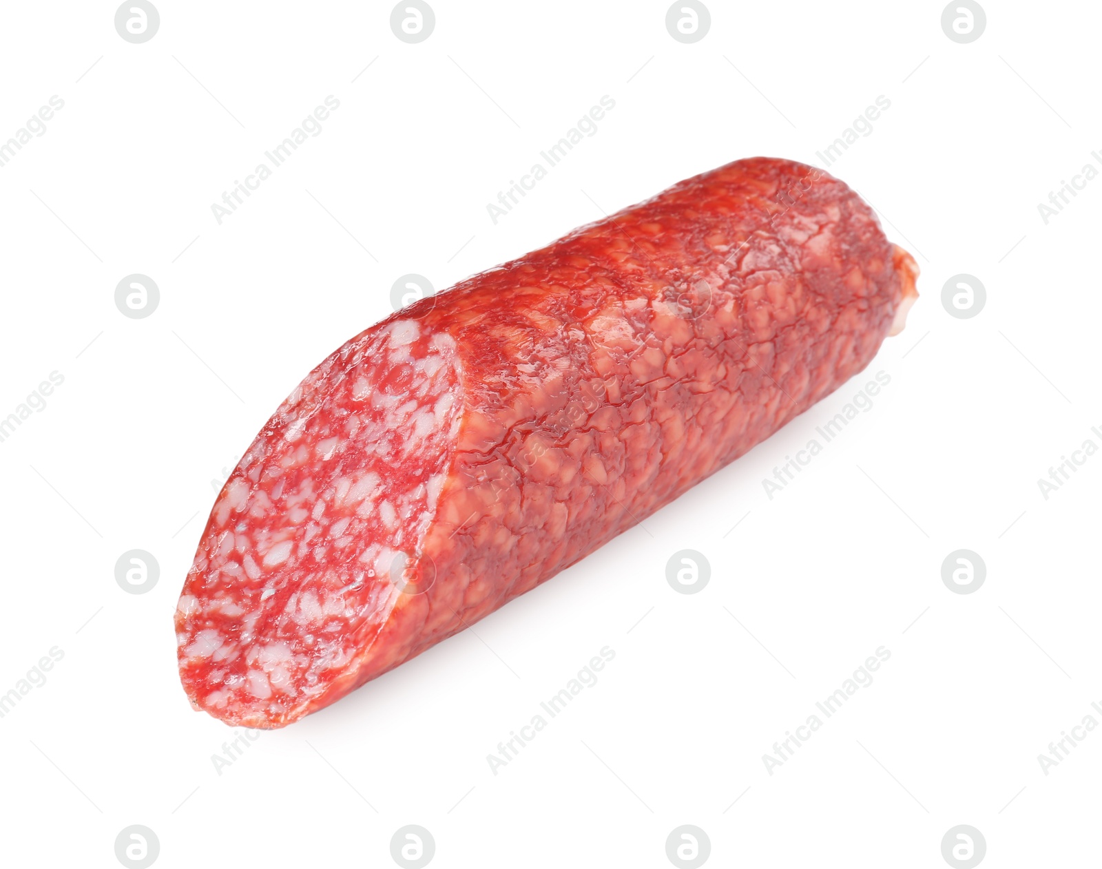 Photo of Piece of delicious smoked sausage isolated on white