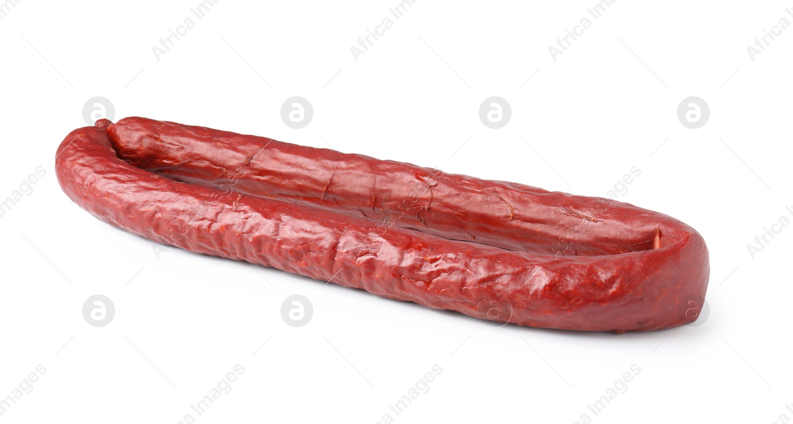 Photo of Delicious thin smoked sausage isolated on white