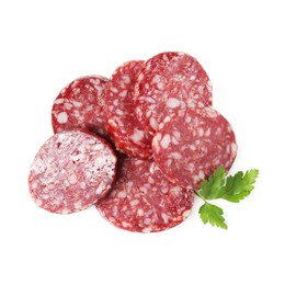 Photo of Pieces of delicious dry cured sausage and parsley isolated on white, top view