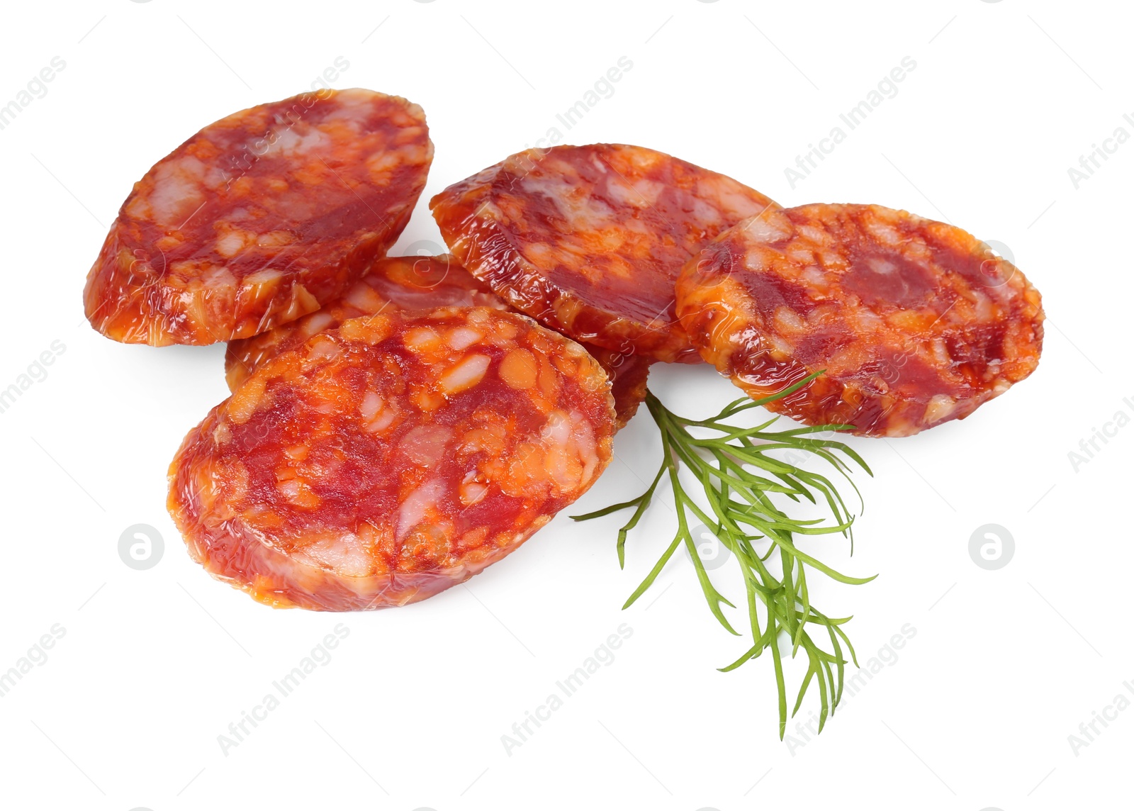 Photo of Pieces of delicious dry cured sausage and dill isolated on white