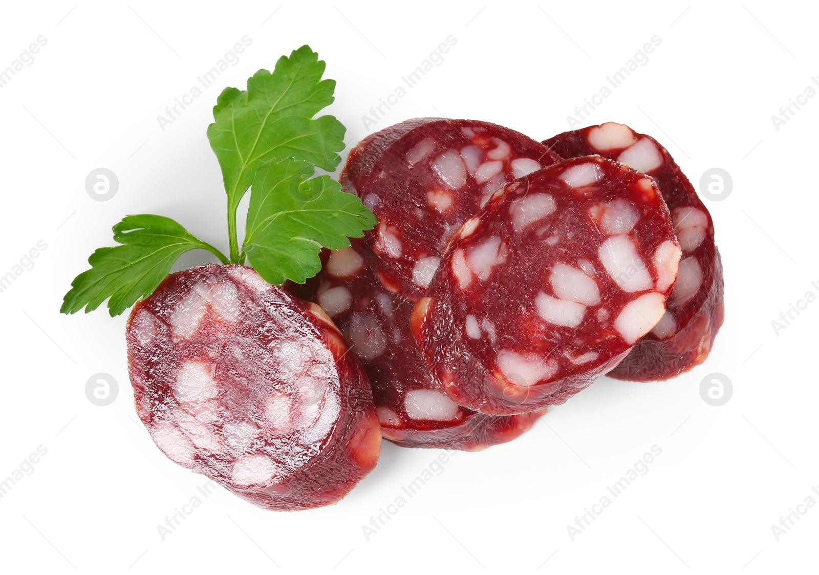 Photo of Pieces of delicious dry cured sausage and parsley isolated on white, top view