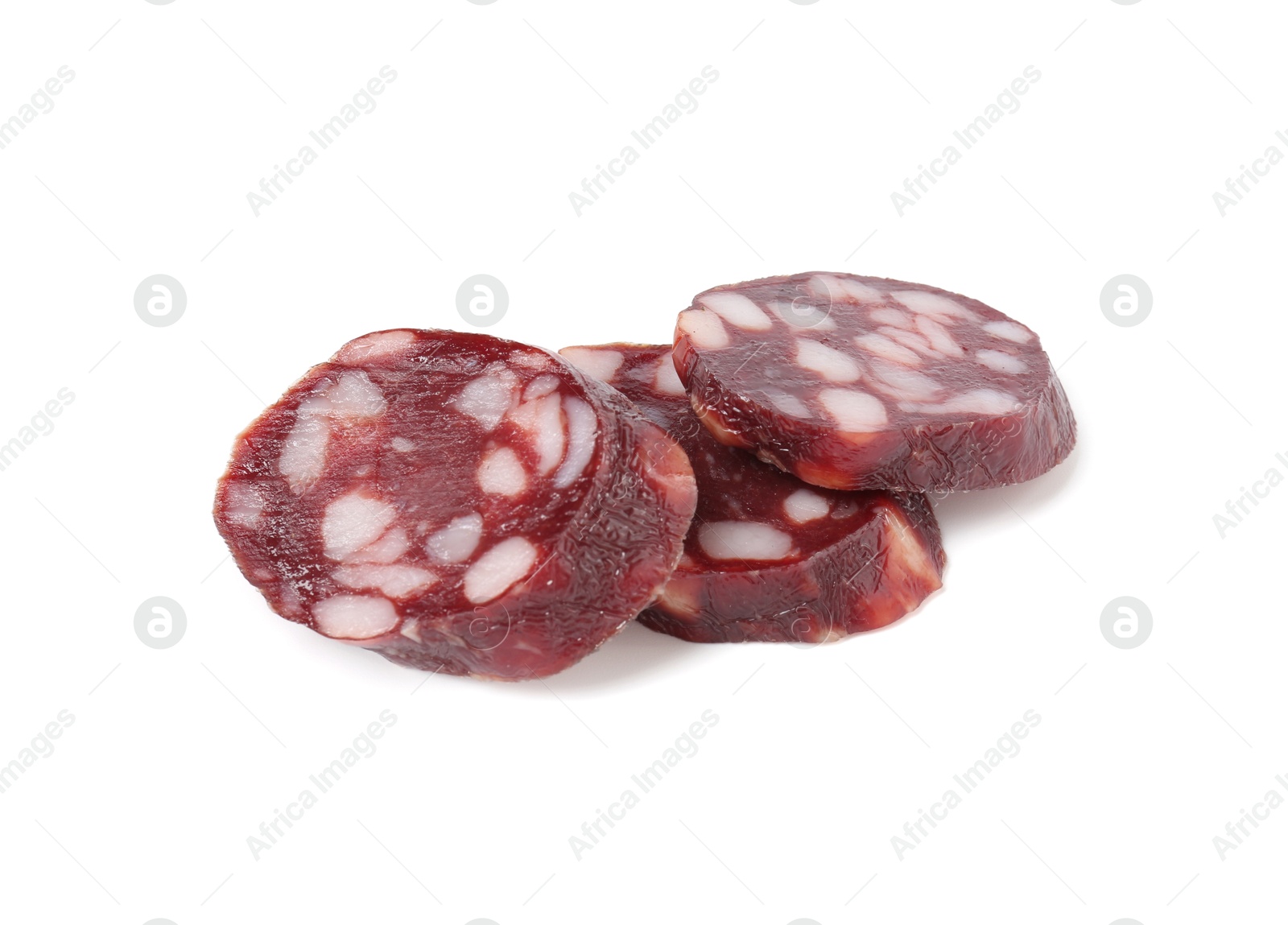 Photo of Pieces of delicious dry cured sausage isolated on white