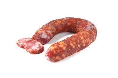 Photo of Delicious dry cured sausage isolated on white