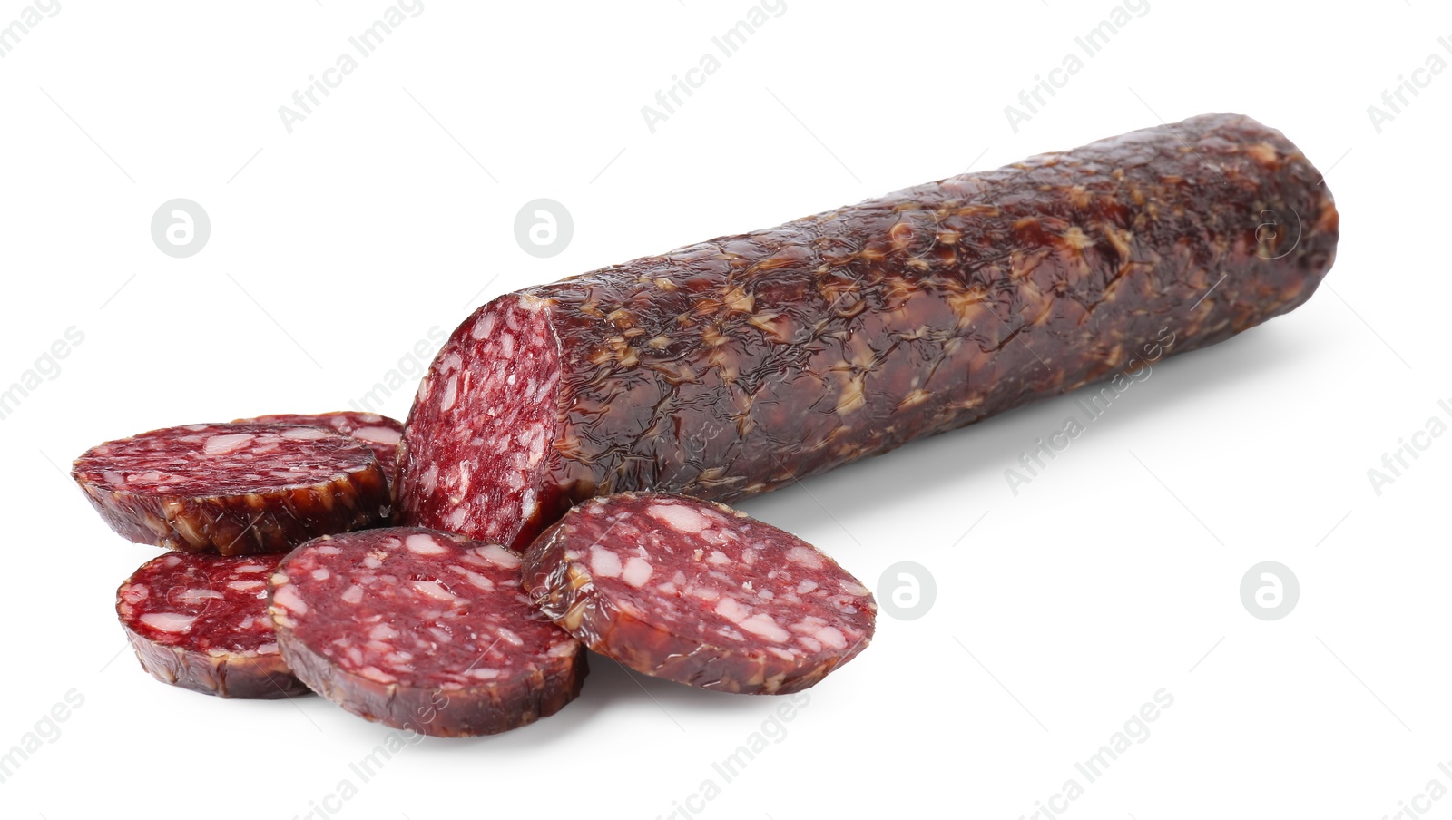 Photo of Delicious dry cured sausage isolated on white