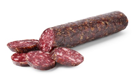 Photo of Delicious dry cured sausage isolated on white