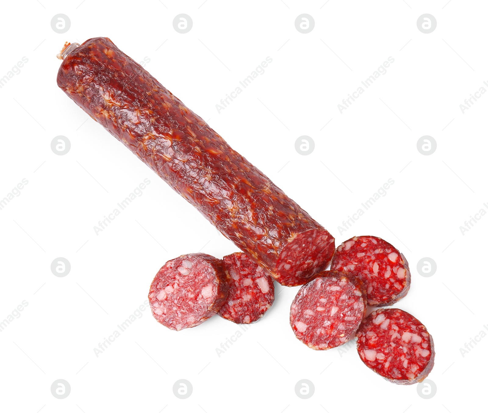 Photo of Delicious dry cured sausage isolated on white, top view