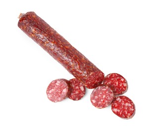 Photo of Delicious dry cured sausage isolated on white, top view