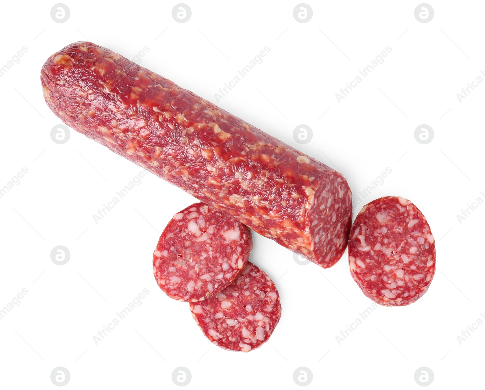 Photo of Delicious dry cured sausage isolated on white, top view