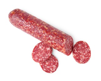 Photo of Delicious dry cured sausage isolated on white, top view