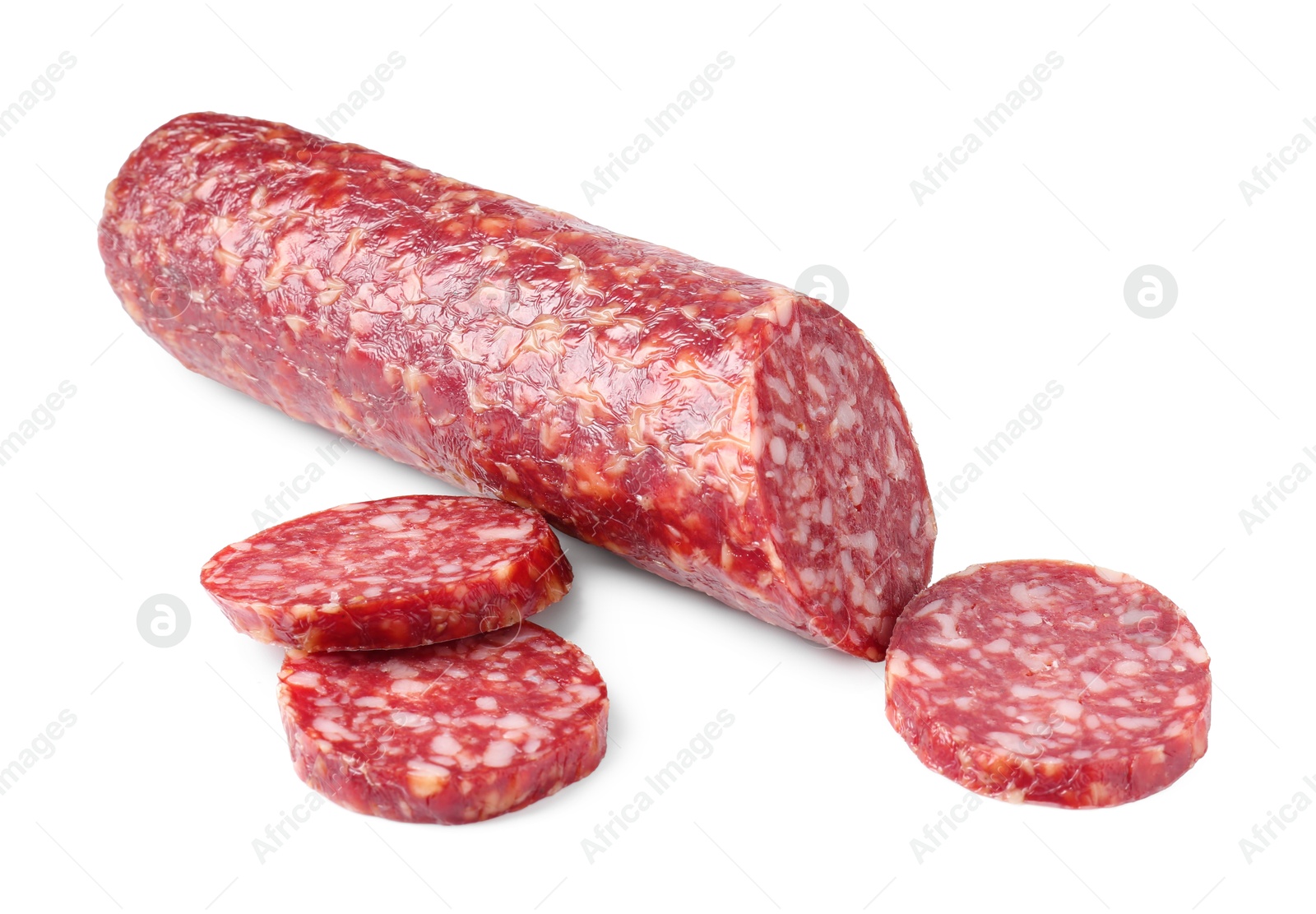 Photo of Delicious dry cured sausage isolated on white