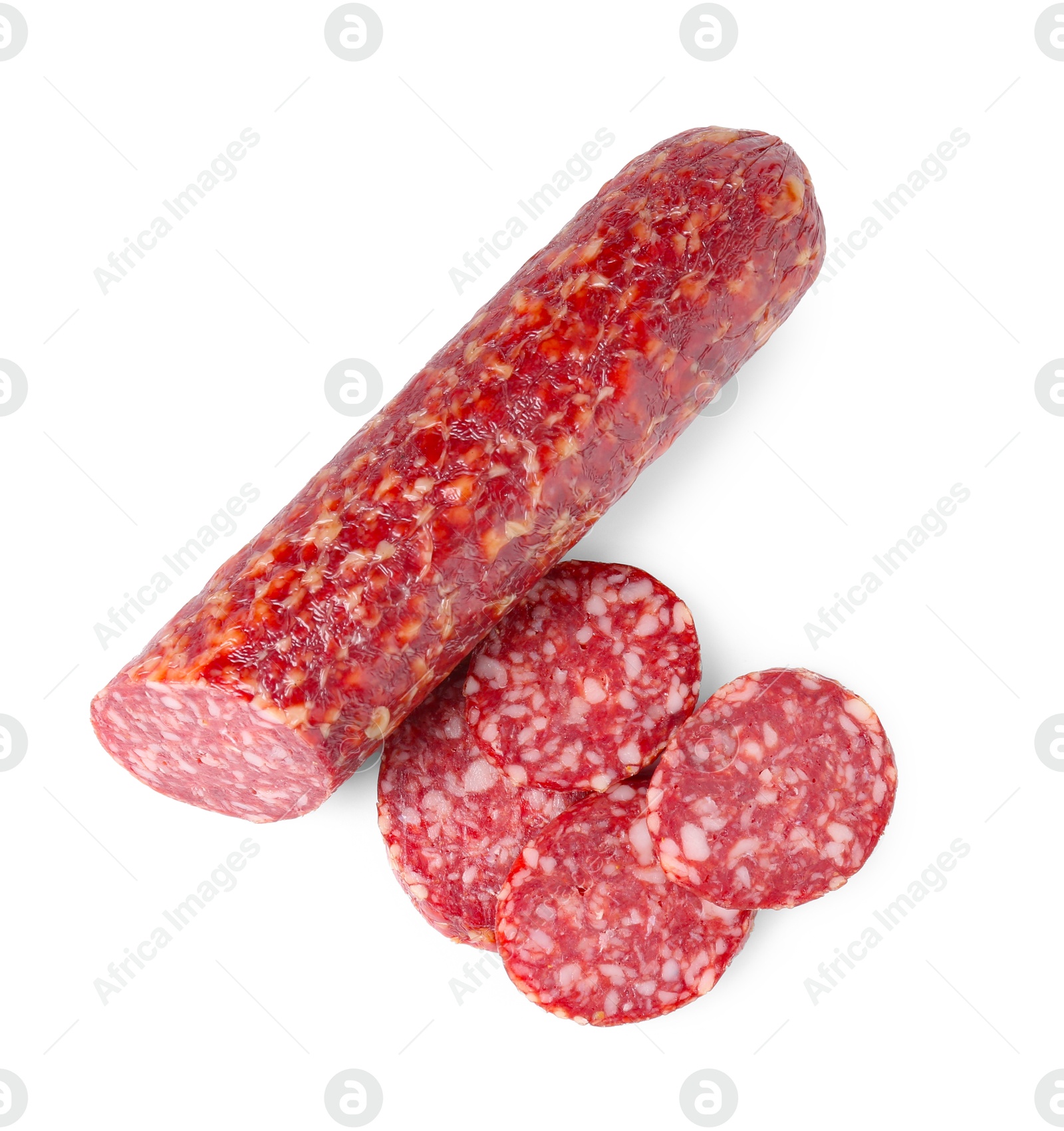 Photo of Delicious dry cured sausage isolated on white, top view