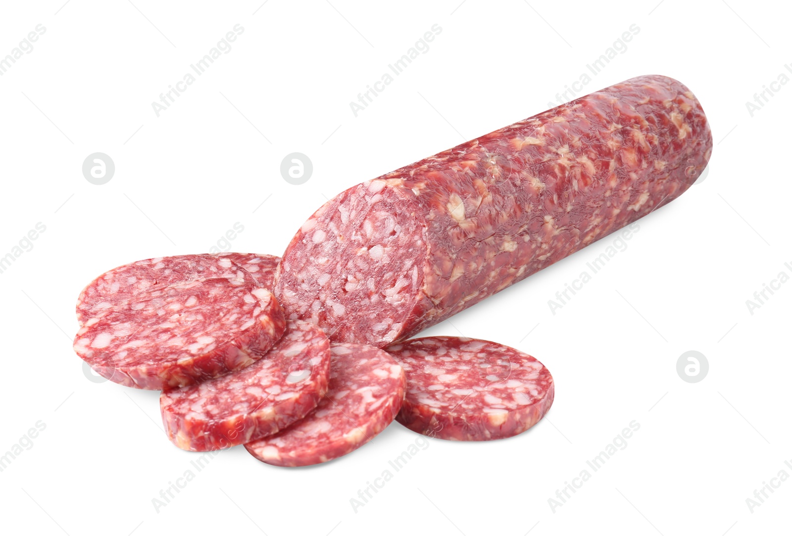 Photo of Delicious dry cured sausage isolated on white