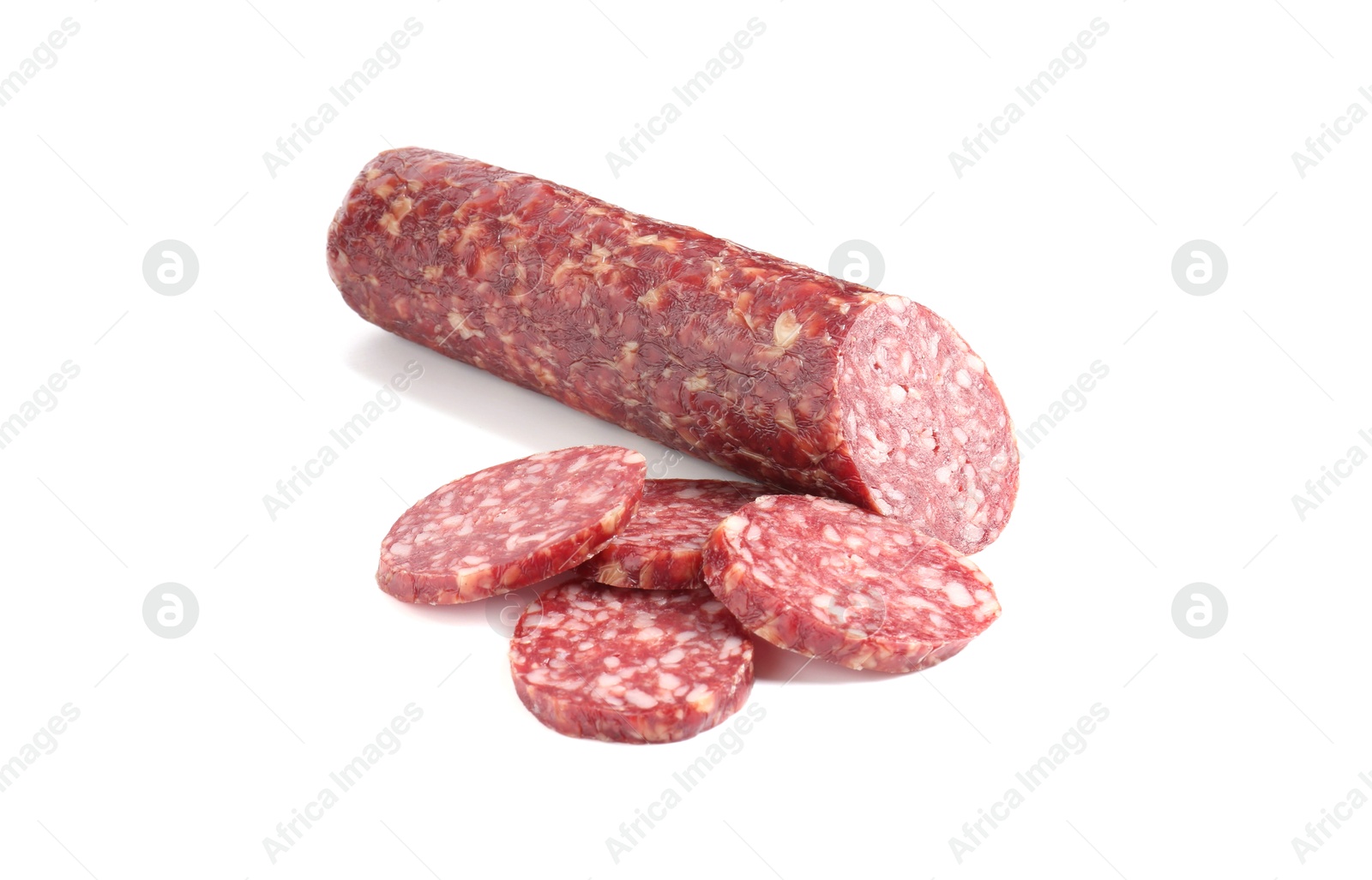 Photo of Delicious dry cured sausage isolated on white