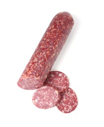 Photo of Delicious dry cured sausage isolated on white, top view