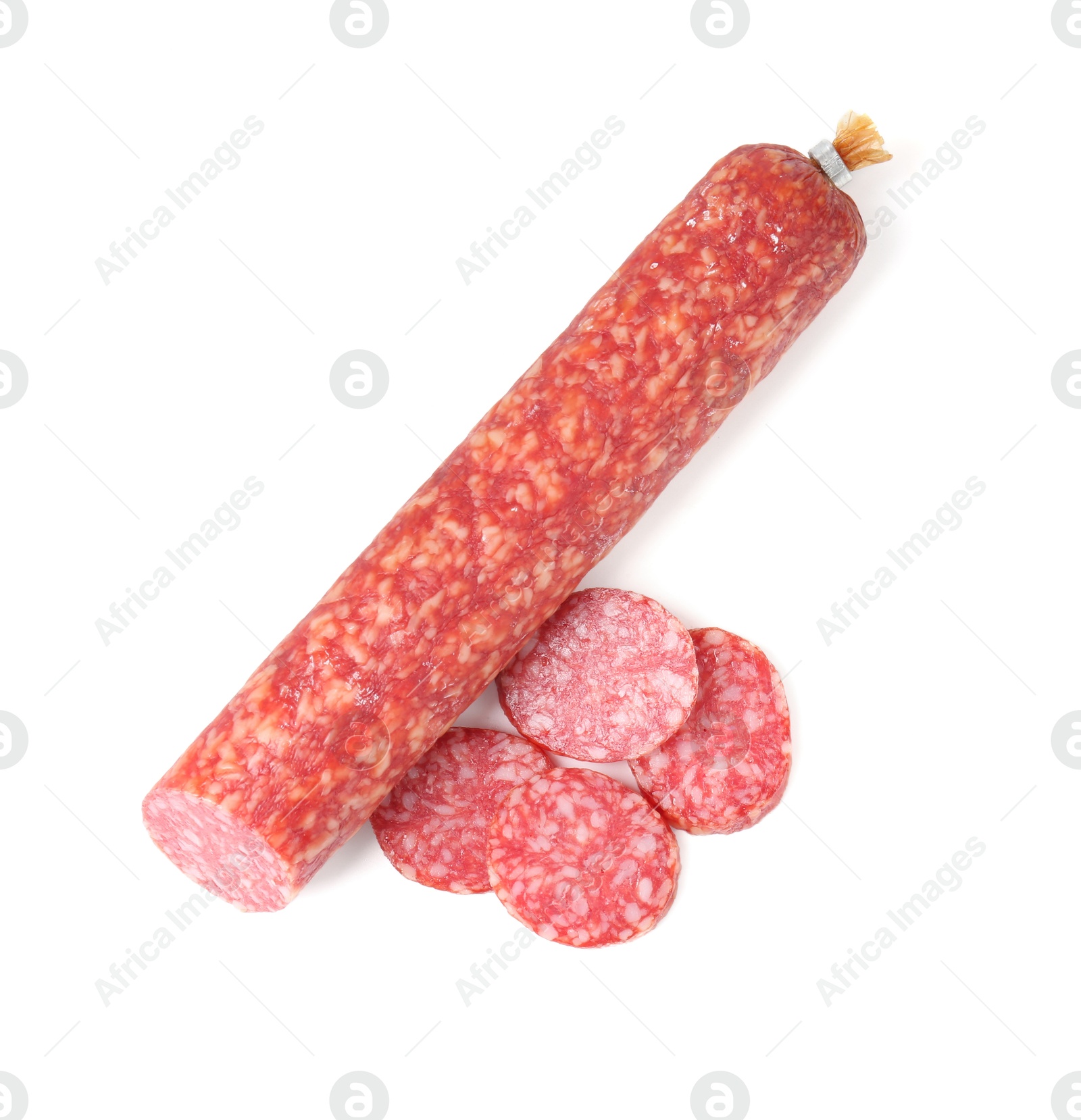 Photo of Delicious dry cured sausage isolated on white, top view