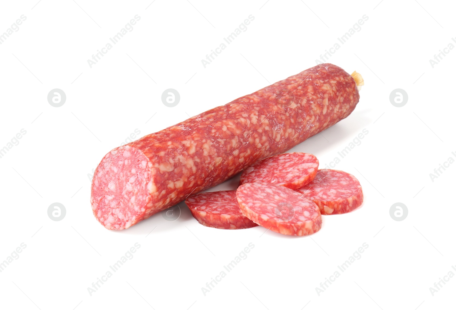 Photo of Delicious dry cured sausage isolated on white