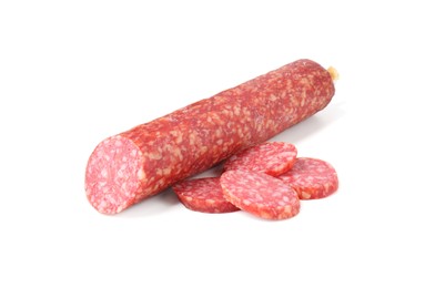 Photo of Delicious dry cured sausage isolated on white