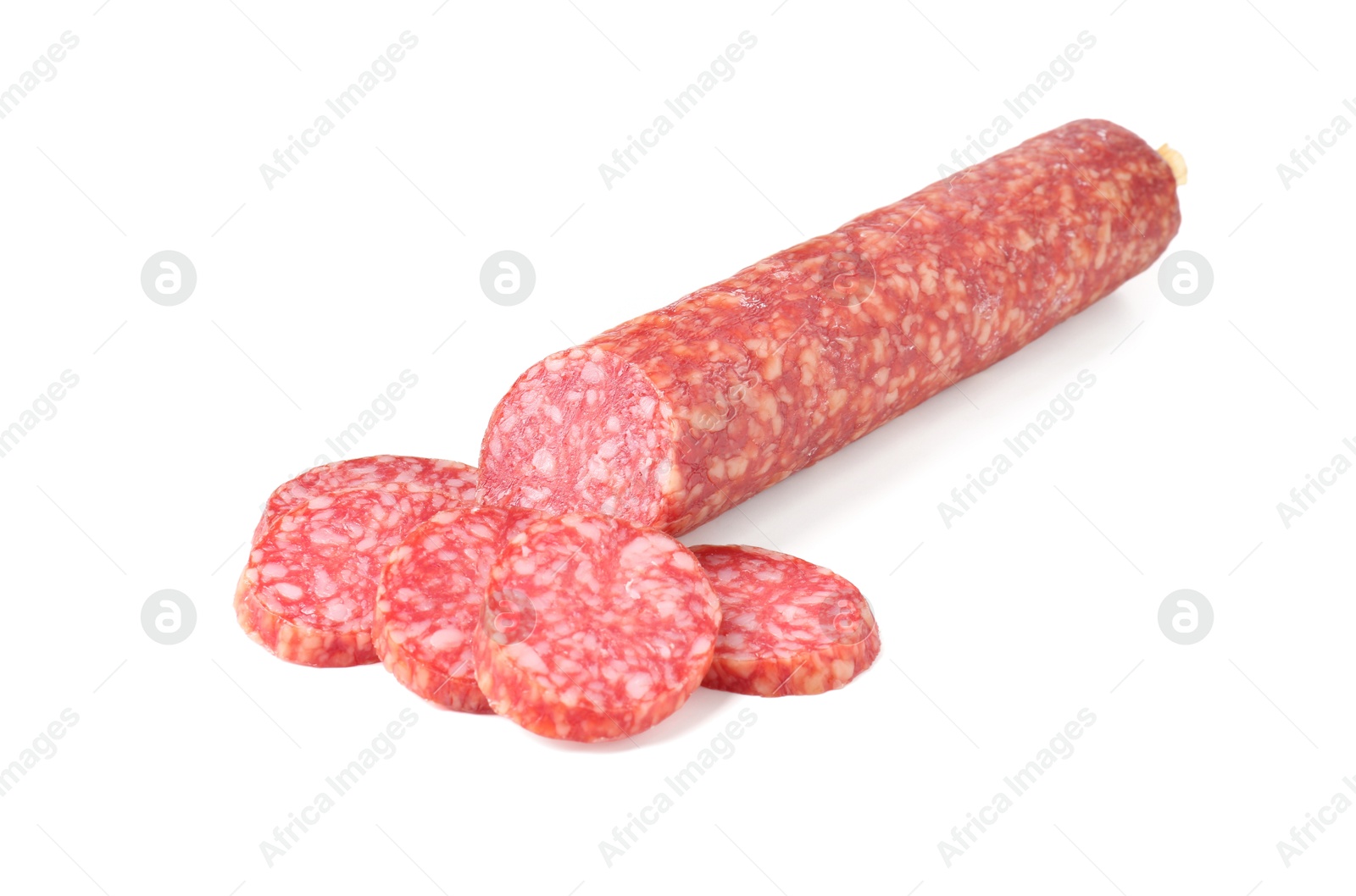 Photo of Delicious dry cured sausage isolated on white