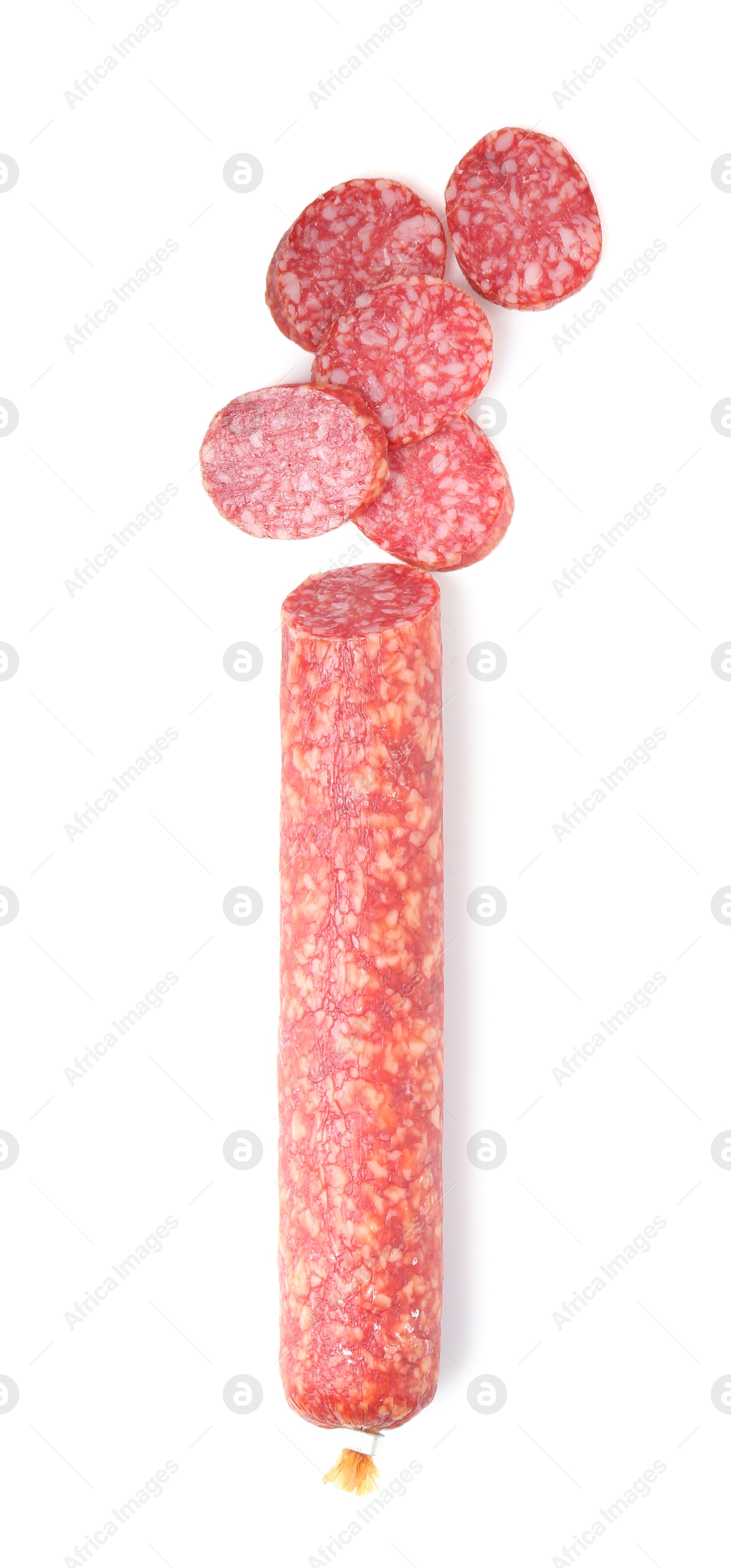 Photo of Delicious dry cured sausage isolated on white, top view