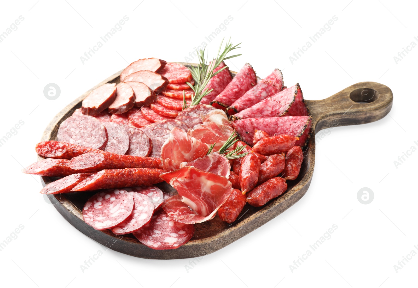 Photo of Different smoked sausages slices isolated on white