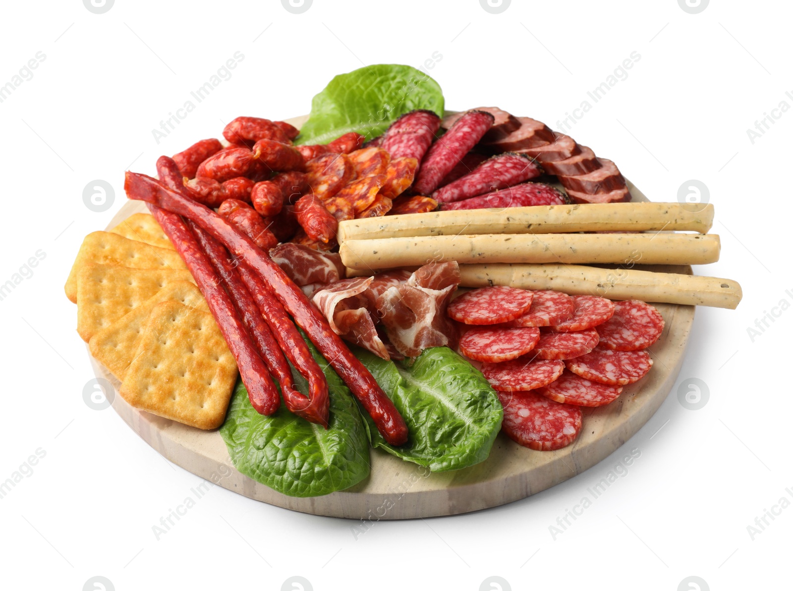 Photo of Different smoked sausages and other snacks isolated on white