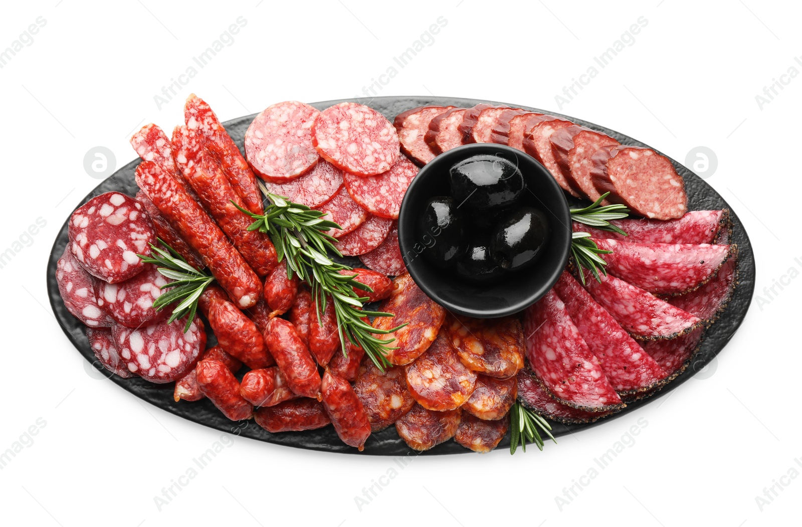 Photo of Different smoked sausages and other snacks isolated on white, top view