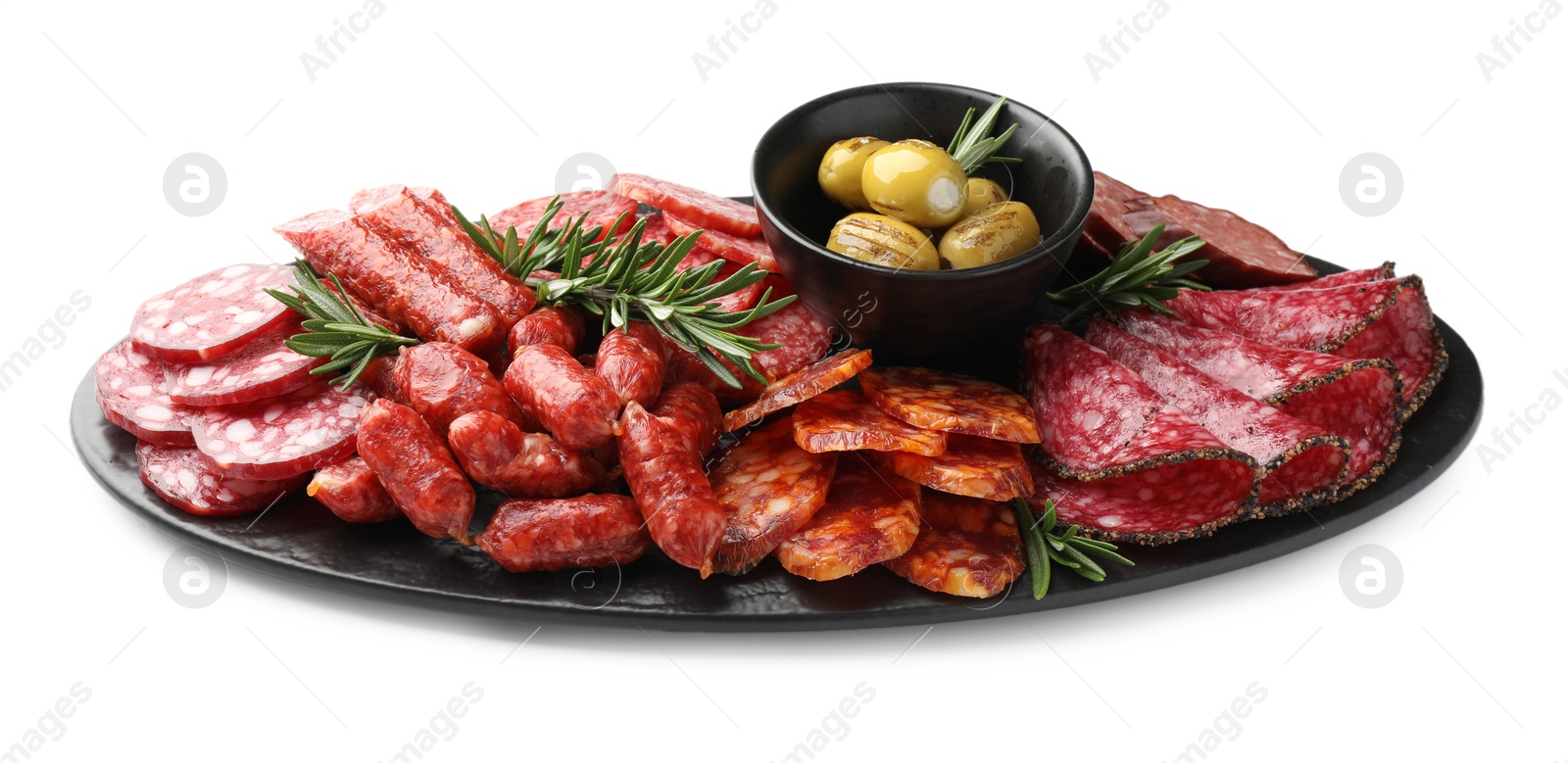 Photo of Different smoked sausages and other snacks isolated on white