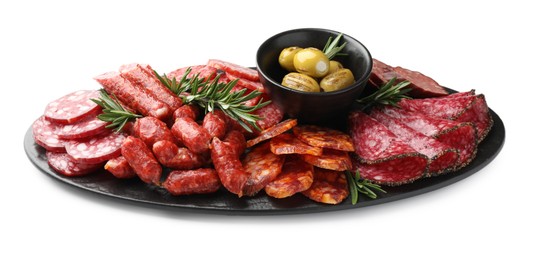 Photo of Different smoked sausages and other snacks isolated on white