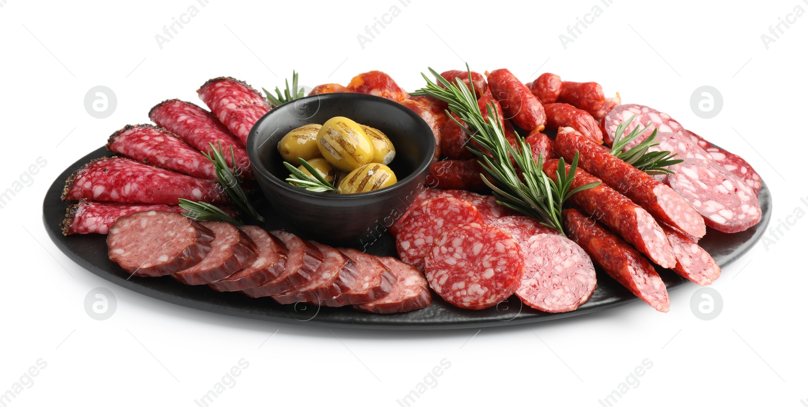 Photo of Different smoked sausages and other snacks isolated on white