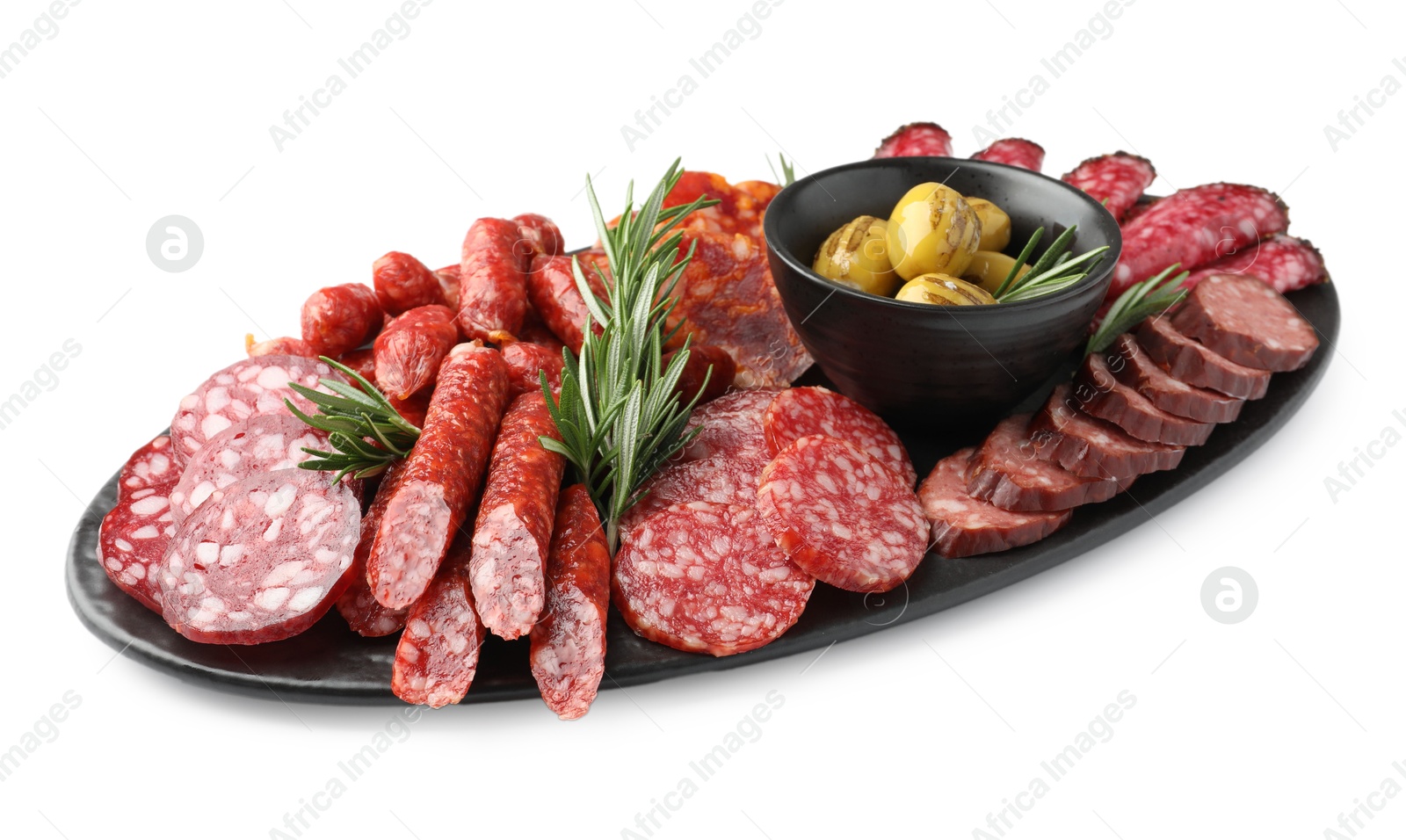 Photo of Different smoked sausages and other snacks isolated on white