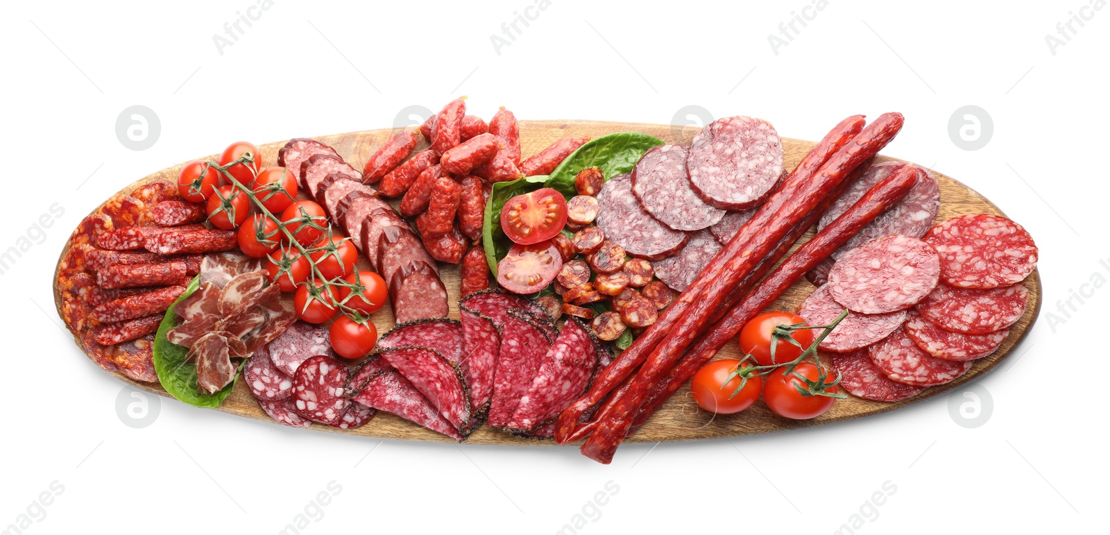 Photo of Different smoked sausages and other snacks isolated on white, top view