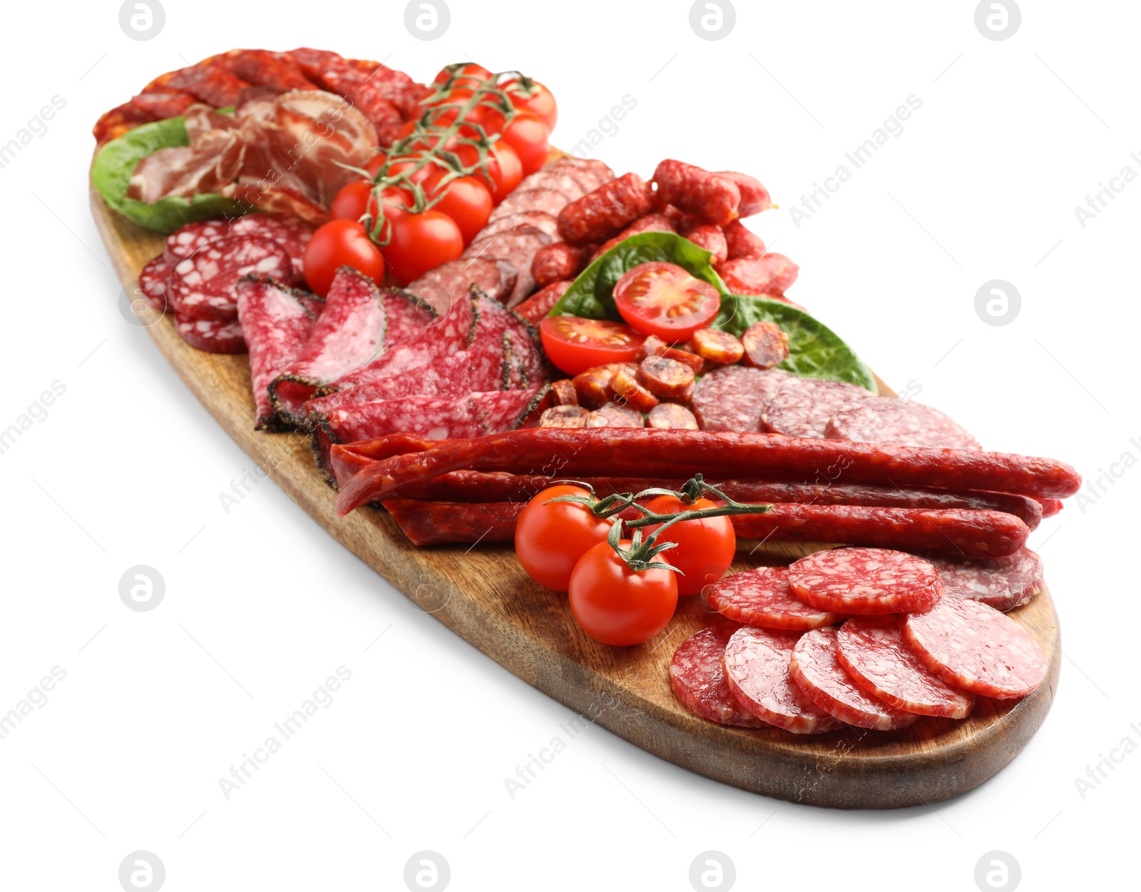 Photo of Different smoked sausages and other snacks isolated on white