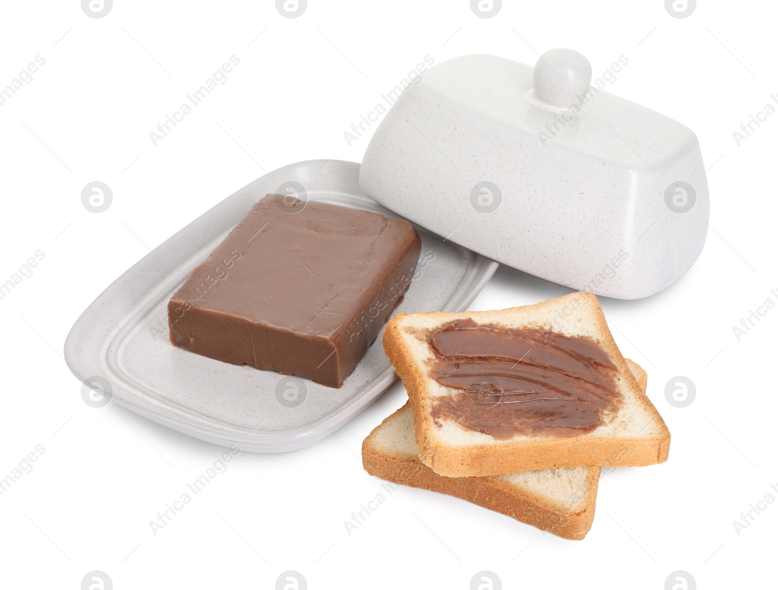 Photo of Tasty sandwiches with chocolate butter isolated on white