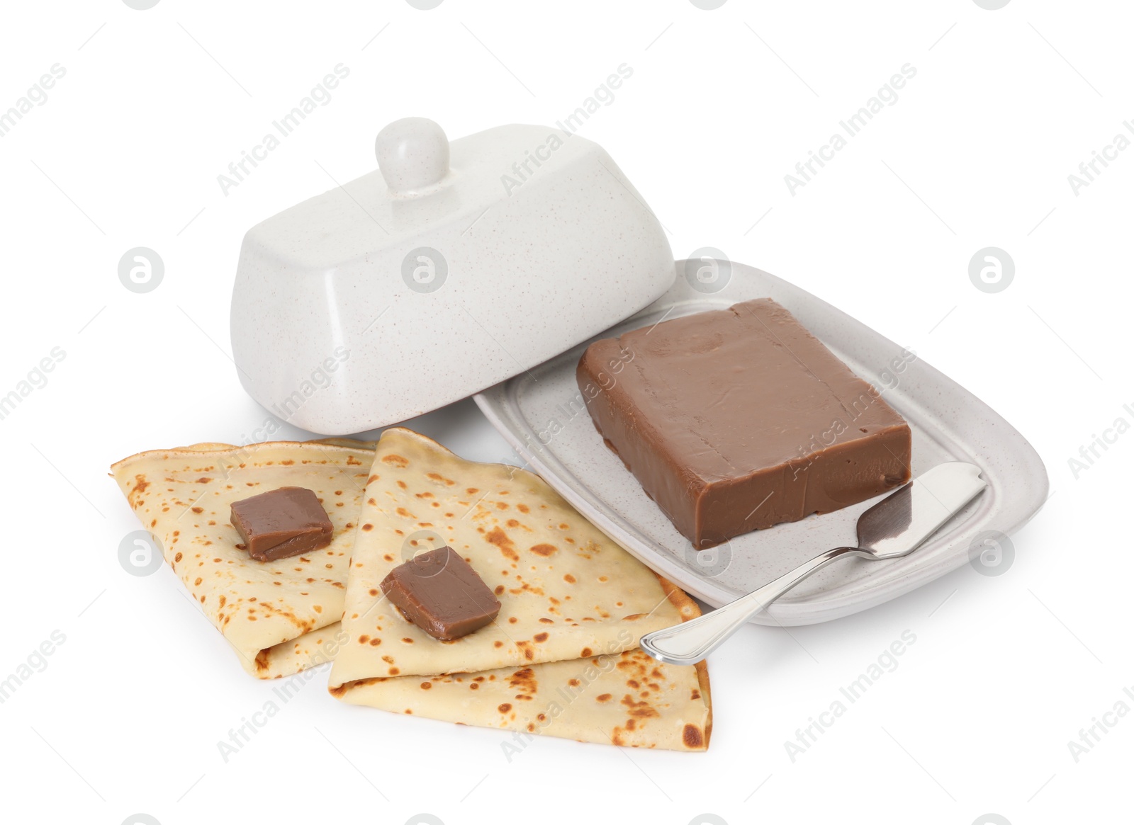 Photo of Tasty crepes with chocolate butter isolated on white