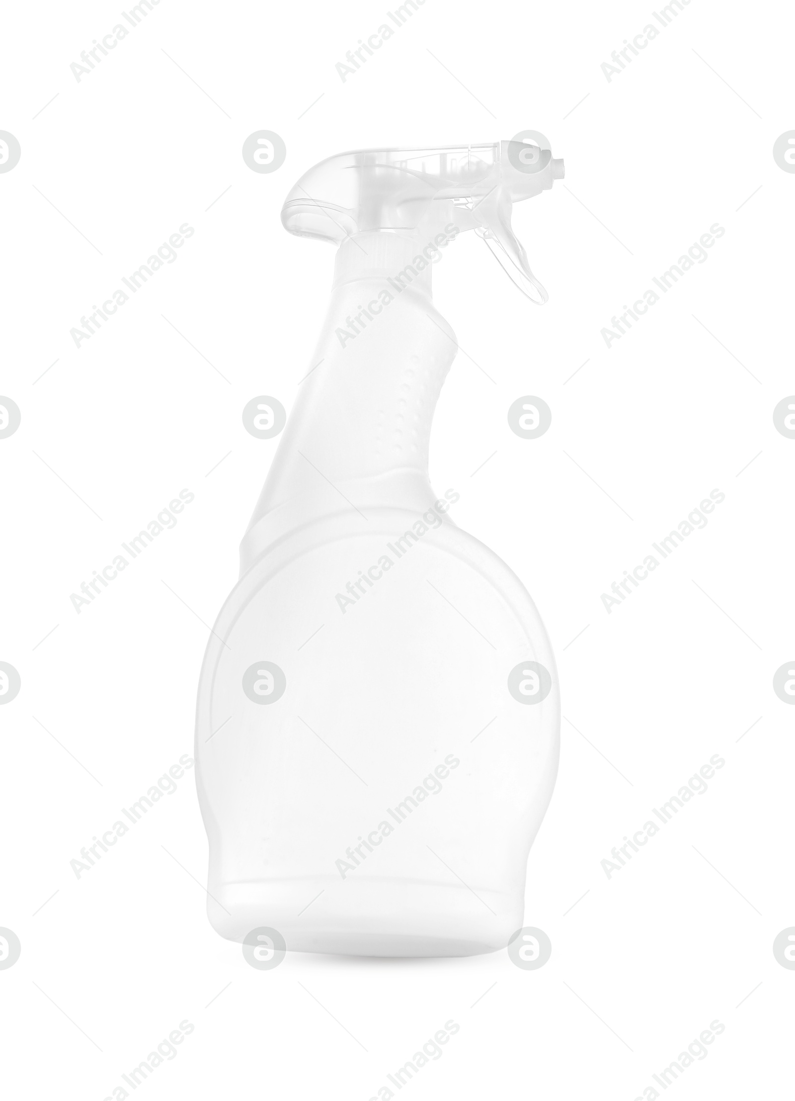 Photo of Spray bottle of cleaning product in air isolated on white