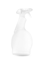 Photo of Spray bottle of cleaning product in air isolated on white